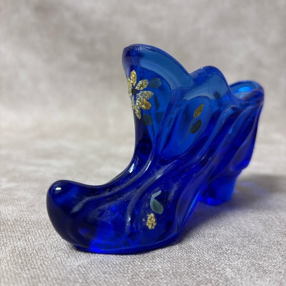 Vintage Fenton Cobalt Blue Hand Painted Signed  Glass Shoe - Picture 6 of 6